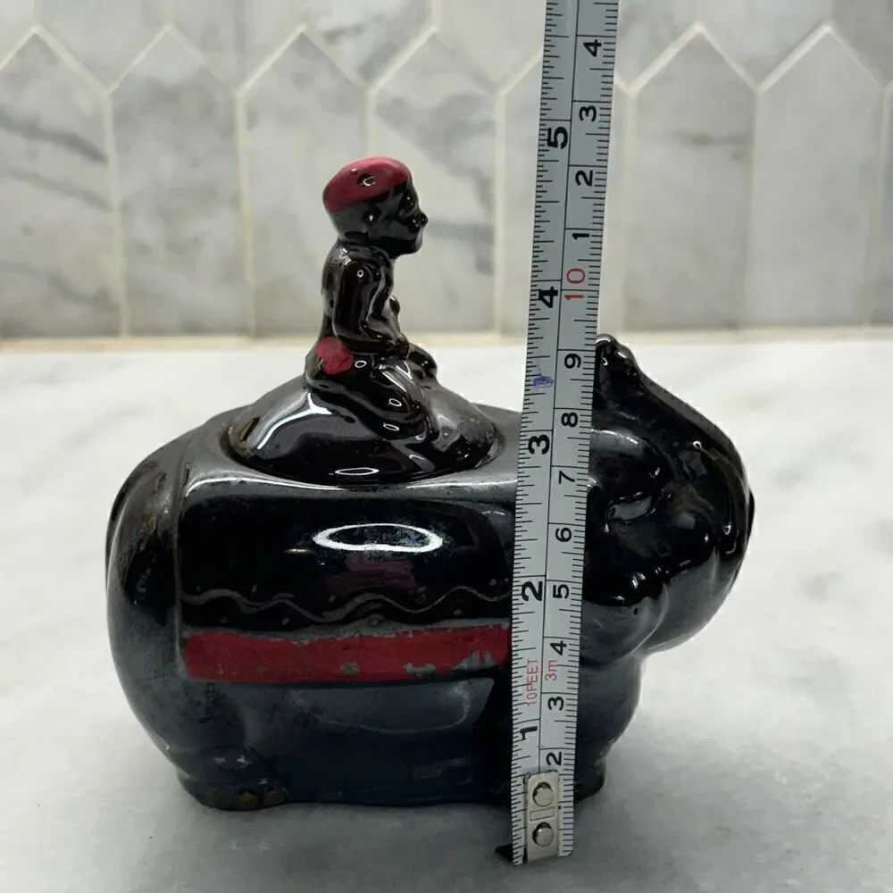 Vintage Elephant Boy Rider Pottery Ceramic Sugar Bowl Or Trinket Brown 5